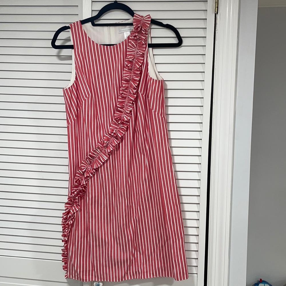 Red and white cotton  striped ruffle shift dress